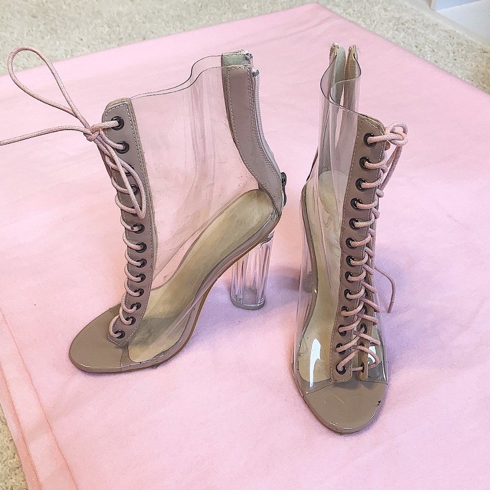 Clear lace up heeled booties